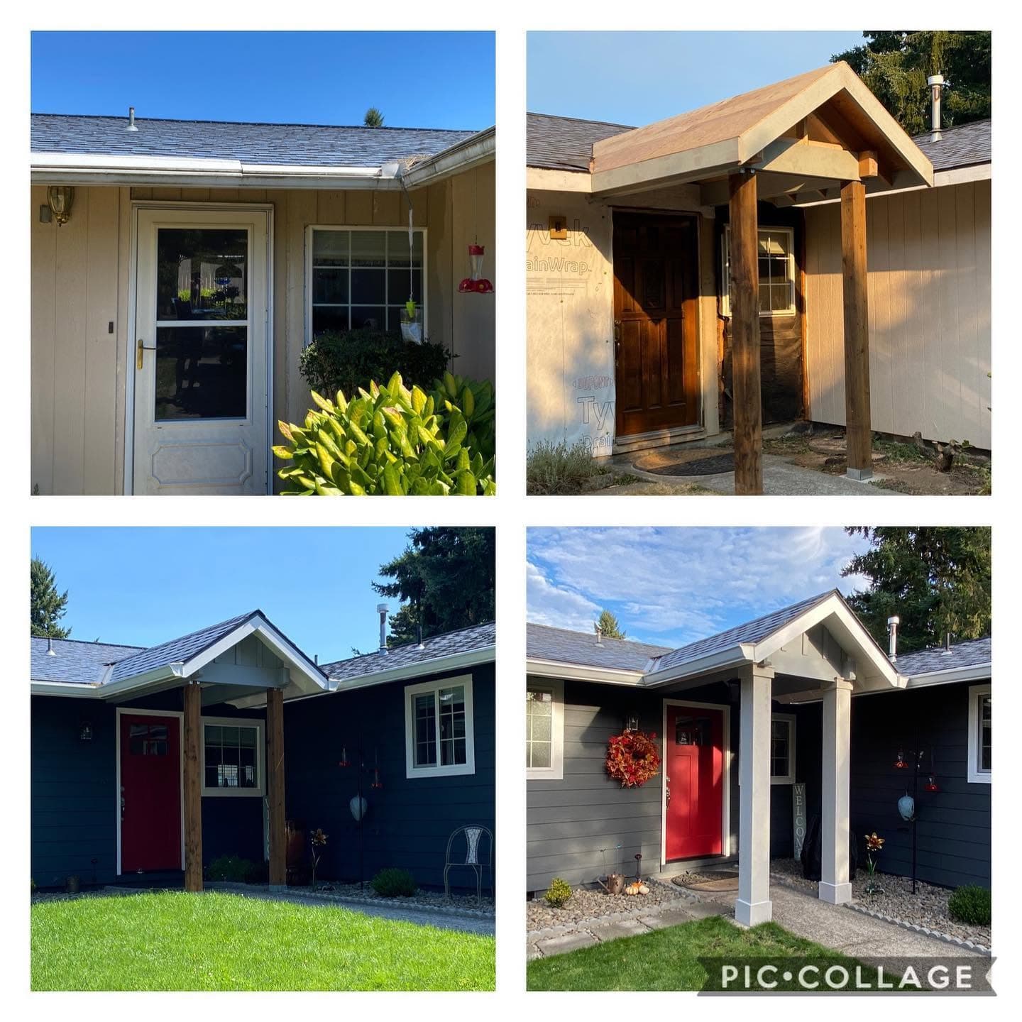 Collage de cuatro fotos de un porche de entrada cubierto construido por etapas: puerta sin nada, techo con armazón y porches terminados con puertas rojas