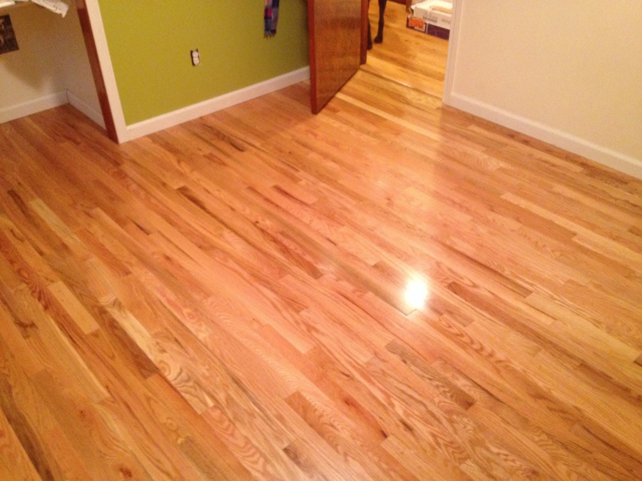 Refinished hardwood floor seen through an open door leading to another room with olive-green walls